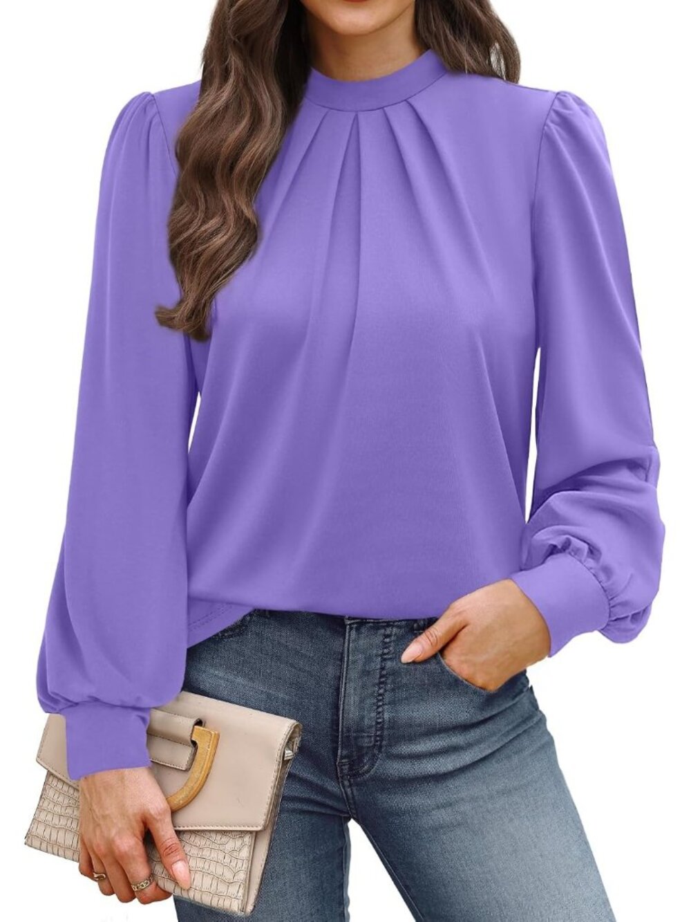 👗 Women's Purple Long Sleeve Shirts Pleated Front Blouses Dressy Mock Neck Tops